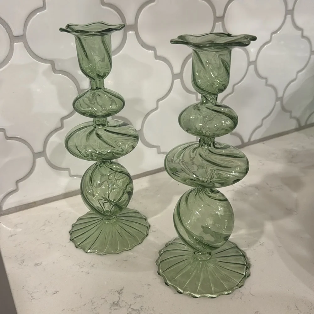 Green Swirl Glass Candlestick, Medium, Set of 2